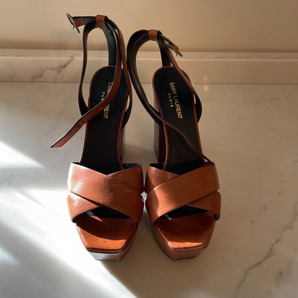 Saint Laurent Brown Leather Platform Sandals - Picture 2 of 13
